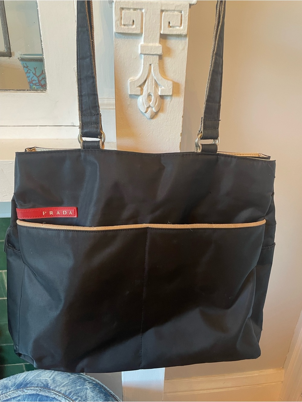 Prada Black Nylon Tote with Tan Trim and Red Logo
